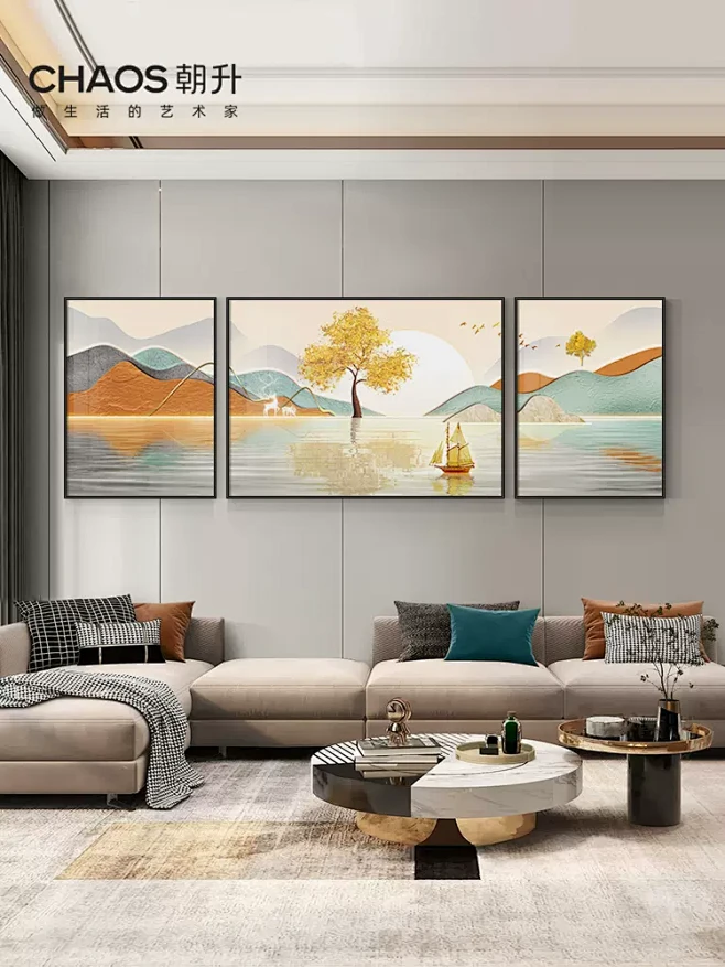 现代轻奢客厅装饰画山水风景画简约沙发背景墙挂画高级感三联壁画-tmall.com天猫-花瓣网