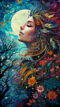 a colorful Hobbit village fantasy scene showing an unusual scene with trees and the moon, in the style of intricate psychedelic landscapes, poster art, gothic grandeur, i can't believe how beautiful this is, grandeur of scale, adventure themed, colorful