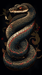 暗黑蛇形中国风十二生肖蛇年动物纹样插画