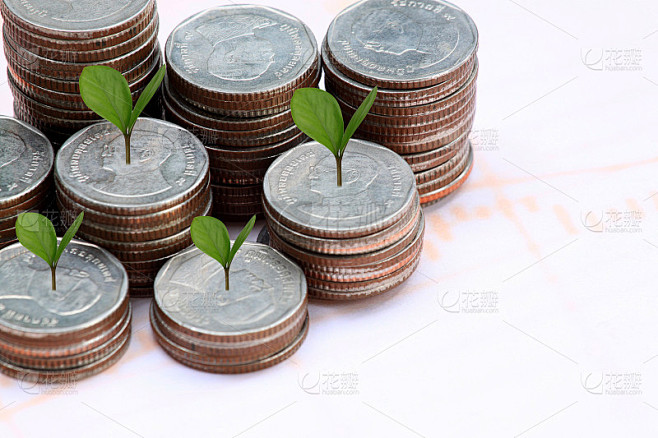 银硬币堆栈和树梢在商业增长的概念在纸的背...
