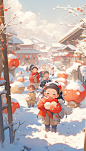 国风儿童插画-玩雪球的孩子们