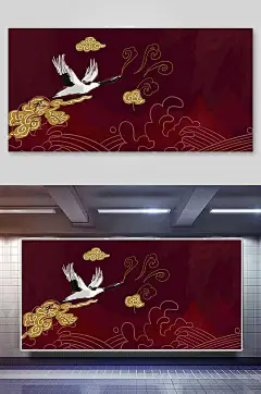 朱红色仙鹤祥云国潮背景素材