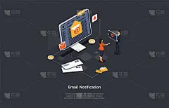 向量组成。卡通3D风格设计与信息图表。概念上的等距插图。电脑邮件通知，互联网通讯。在线邮件广告。两个