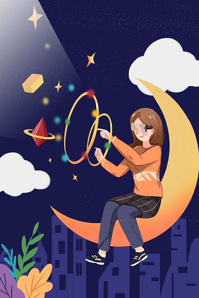 15:36:55科技海报vr少女虚拟世界卡通扁平插画c-手绘灵感插画不吃芋圆