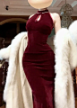 5.17French Red Stand Collar Button Velour Long Vestidos Summer