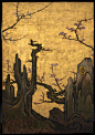 Detail :Attibuted to Kano Sansetsu, The Old Plum, Edo PEriod (1615-1868), ca 1645, Japan. One of four sliding door panels (fusuma), ink, colour, gold leaf on paper, The Metropolitian Museum of Art