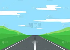 笔直空旷的通往自然的沥青路面。街道，田园，草地，山丘，云彩。美丽的夏季自然景观。矢量说明.