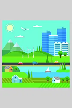 绿色时尚创意高端大气城市建筑插画