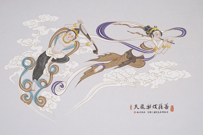 敦煌莫高窟唐代壁画——菩萨伎乐飞天-花瓣网