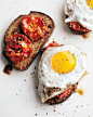 — Charred Tomatoes with Fried Eggs on Garlic Toast