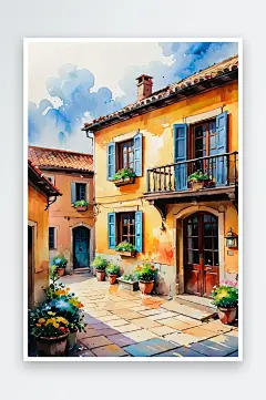 手绘油画老房子四合院插画-众图网