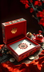 A red and white box opened 3d images, in the style of chinese cultural themes, realistic still lifes with dramatic lighting, daz3d, money themed, neo-traditionalist, award winning, high-angle