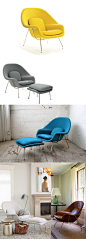 Womb Chair:由Eero Saarinen在1946年设计，内部是玻璃钢材质，由模具出模成型，坚固完美。椅表面是进品羊毛绒布，整个产品表面光滑，不起皱。整个椅子的布下面都有垫弹性海绵。椅子脚为不锈钢管，很好的镜面效果，光亮照人，每个细节都顺畅无坑洼。
