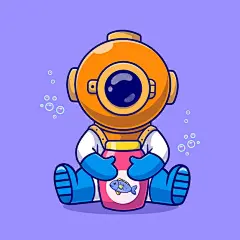 Cute diver holding fish jam jar cartoon vector icon illustration. science nature icon isolated