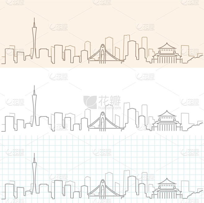 广州,城市天际线,城市,线条画,草图,亚...