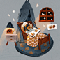 Cozy bedtime stories gouache illustration for children of a fox in his bed with his snail pet.