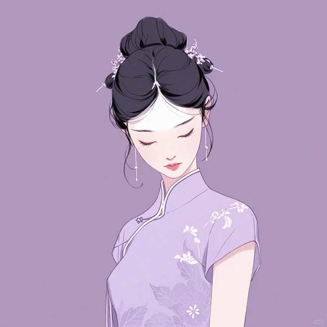ai绘画 | 极简唯美紫色系穿旗袍女生头像10