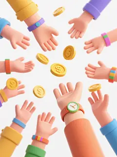3D卡通风格插画，多只不同姿态的卡通手臂从底部向上伸出，手腕佩戴着色彩鲜艳的手环和手表，手掌向上张开或弯曲，正在接住空中飞舞的黄色金币，金币上有美元符号，整体画面明亮欢快，采用白色背景突出主体，光影柔和，具有立体感和童趣，构图充满向上的动感，视觉焦点集中在金币与手掌的互动上，传达出积极获取的氛围。