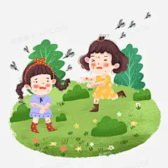 手绘卡通女孩们在户外被蚊子咬免抠元素