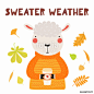 Hand drawn vector illustration of a cute sheep in sweater, with paper cup, autumn leaves, quote Sweater weather. Isolated objects on white. Scandinavian style flat design. Concept for children print.