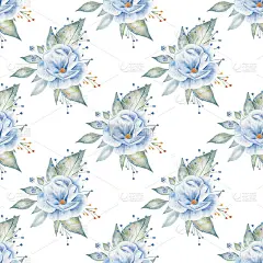 蓝色玫瑰手绘水彩无缝图案