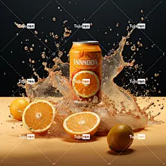 一罐Minida溅满了水，这是该产品的广告海报。背景色为橙色