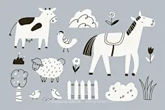 可爱趣味手绘农场动物涂鸦绘画矢量插图插画设计素材素材