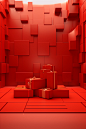 3d rendering of a red room with gifts and boxes, in the style of sculptural and geometric, relief, neo-mosaic, kodak vision3, minimalistic compositions, bentwood, nightscapes