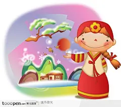 韩国儿童插画－可爱的韩服小女孩