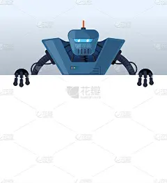 卡通机器人站在空白海报后面的文字空间。蓝色复古电子字符持有空白白板演示。机器人信息横幅模型界面设计插
