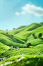 miniature people on green hills, cows in the background, sky blue, sunny day, grassy meadow, bright colors, miniature landscape, high resolution, high detail, tiltshift lens, macro photography, 3d rendering, realism, colorful, happy mood, in the style of 