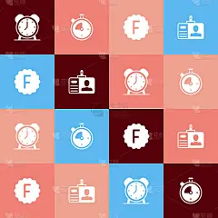 设置流行艺术闹钟，秒表，试卷与不正确的答案和识别徽章图标。向量