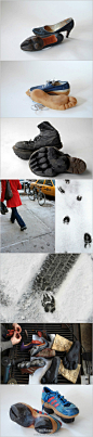 LENS杂志：在大街上看到动物的脚印，不一定是有野兽从动物园里出逃，也有可能是谁穿了这些由加拿大设计师Maskull Lasserre设计的脚印鞋子。目前包括了熊、兔子、鹿和真人...该设计系列还在继续。http://t.cn/zWquwEW