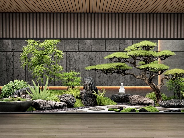 现代新中式庭院小品 天井景观 室内景观造...