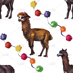 水彩羊驼野生羊驼无缝图案。喇嘛是南美的象征。可爱快乐的羊驼手绘插画创意绘画背景