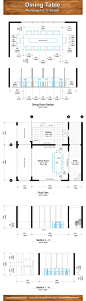 可容纳12人的长方形餐桌，配套餐厅与厨房的尺寸和布局图。设计参考图。单位英尺。