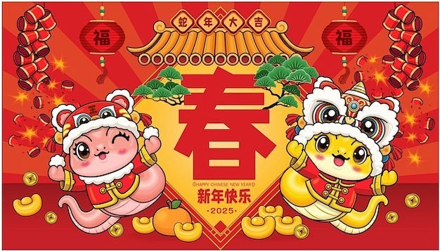 2025新年春节蛇年卡通蛇海报背景矢量图...
