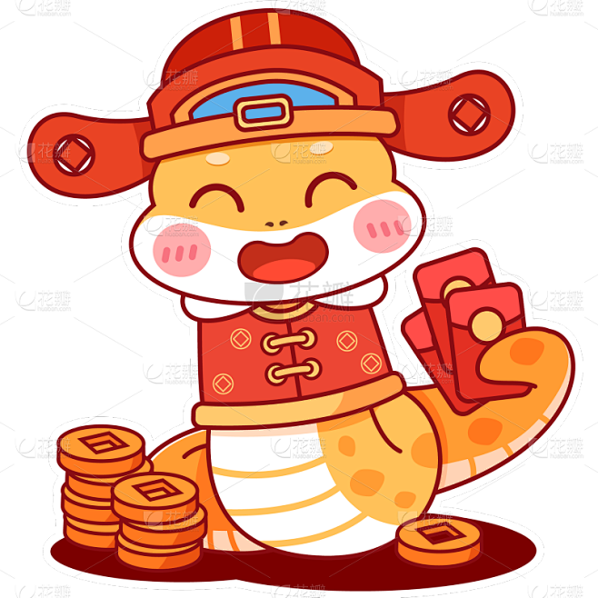 蛇年春节卡通插画可爱金蛇IP红包金币组合...