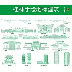 广西桂林地标建筑城市剪影天际线景点手绘线稿ai设计素材