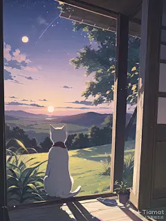 动漫场景 白猫 树