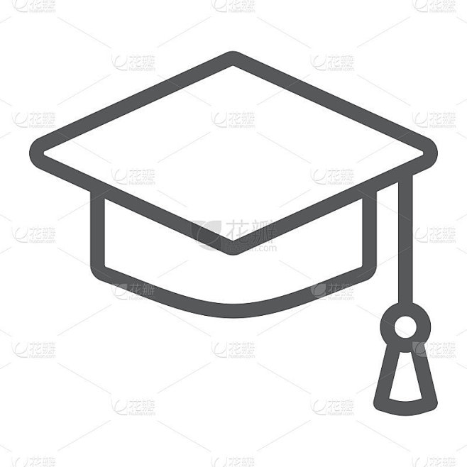 毕业帽标志线，学校和教育，大学帽标志矢量图形，白色背景上的线性图案，eps 10。