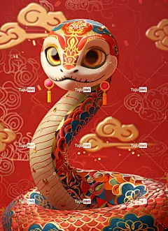 一条农历新年风格的可爱蛇，身上有彩色图案迪士尼皮克斯动画风格