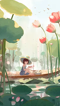 设图网森林少女睡莲荷塘手绘夏日夏季插画