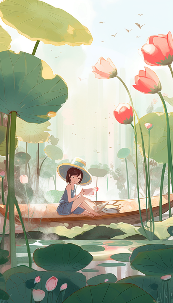设图网森林少女睡莲荷塘手绘夏日夏季插画