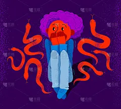 爬虫恐惧症以蛇和蜥蜴为恐惧载体的插画，男孩在想象中被爬行动物包围，陷入恐慌和恐惧，心理健康概念。