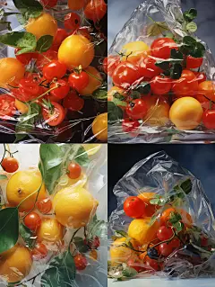创意透明塑料袋蔬菜水果保鲜真空包装场景广告摄影海报Midjourney关键词咒语