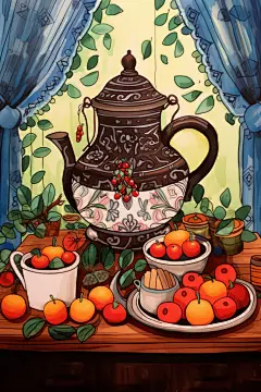 下午茶氛围手绘围炉煮茶插画