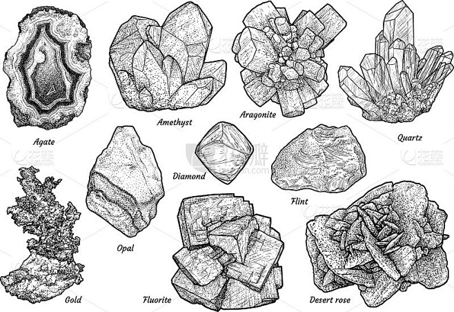 矿物收藏插图、绘画、雕刻、水墨、线条艺术...