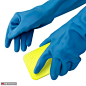 纯白背景 蓝色橡胶手套 洗盘洗碗魔力擦 厨房清洁用品 海报设计AI图片下载-优图网