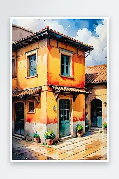 手绘油画老房子四合院儿童插画-众图网